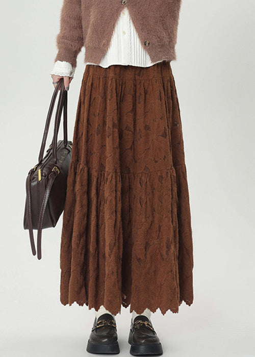 Vintage Coffee Elastic Waist Lace Warm Fleece Skirts Winter