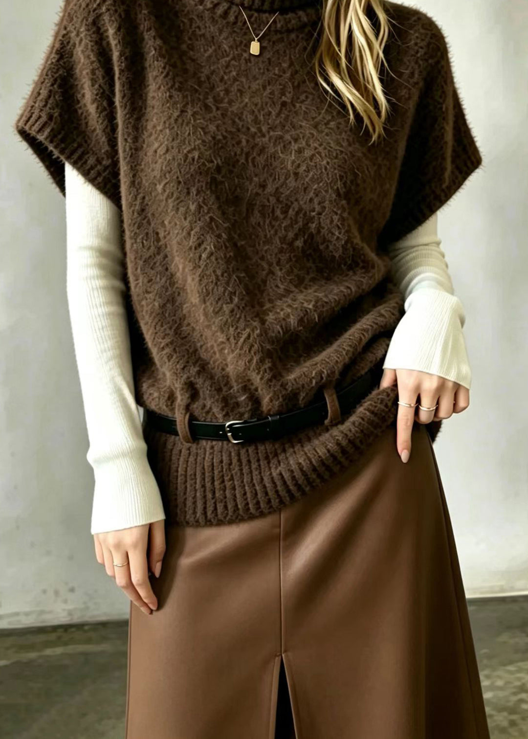 Vintage Coffee Hign Neck With Belt Knit Vest Fall