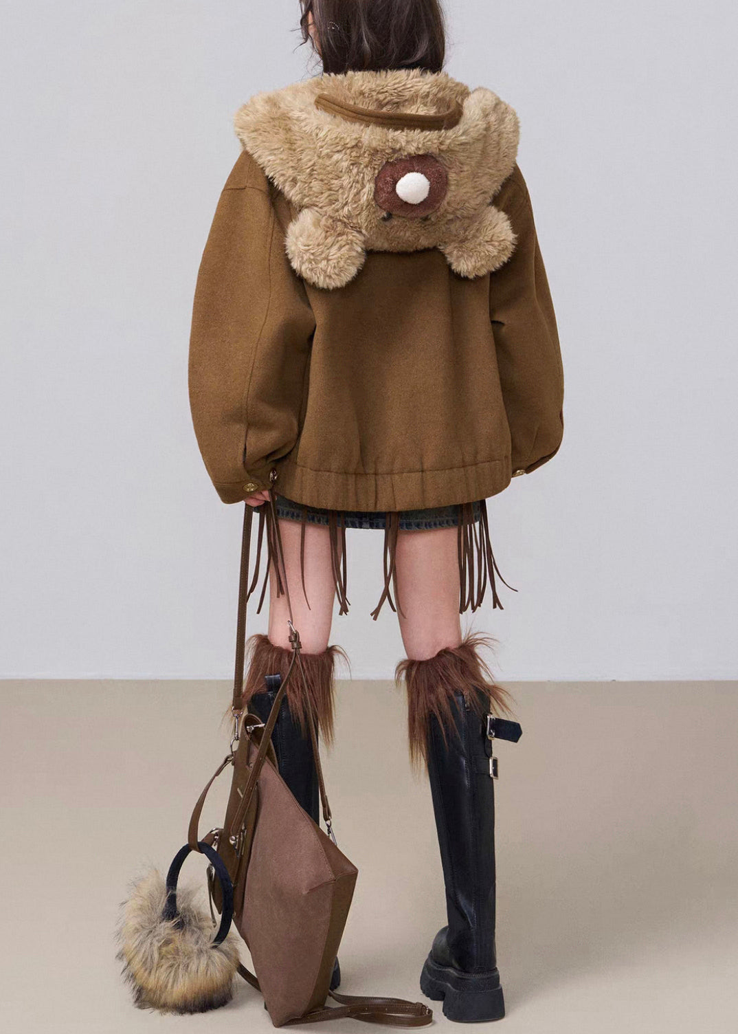 Vintage Coffee Hooded Fluffy Patchwork Cotton Filled Parkas Winter