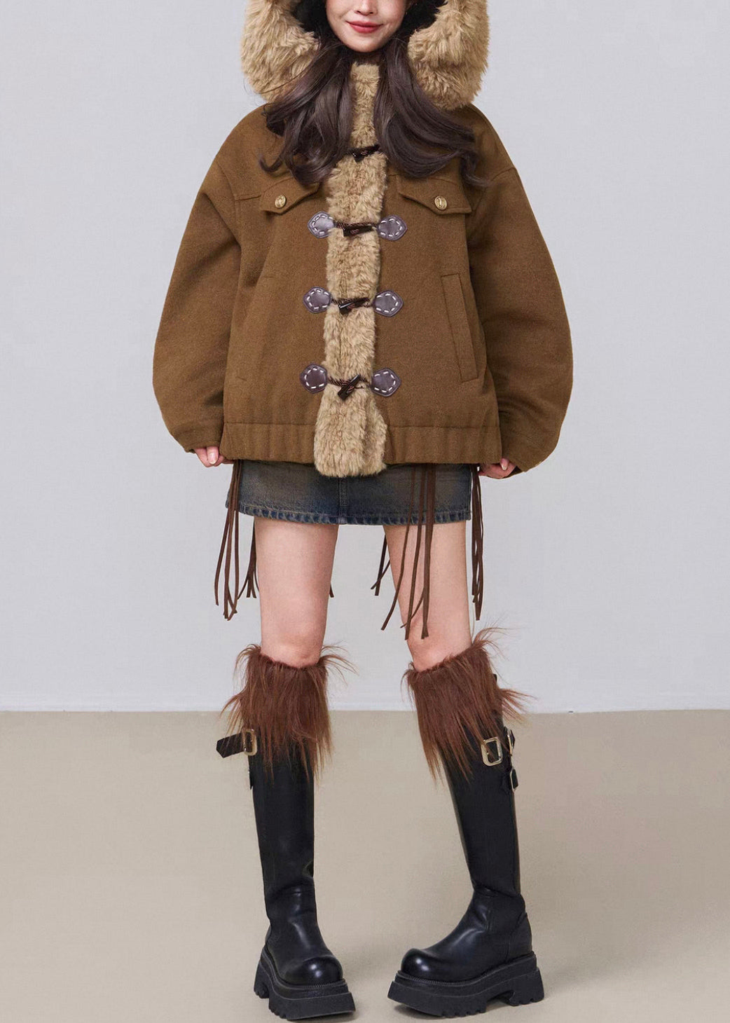 Vintage Coffee Hooded Fluffy Patchwork Cotton Filled Parkas Winter