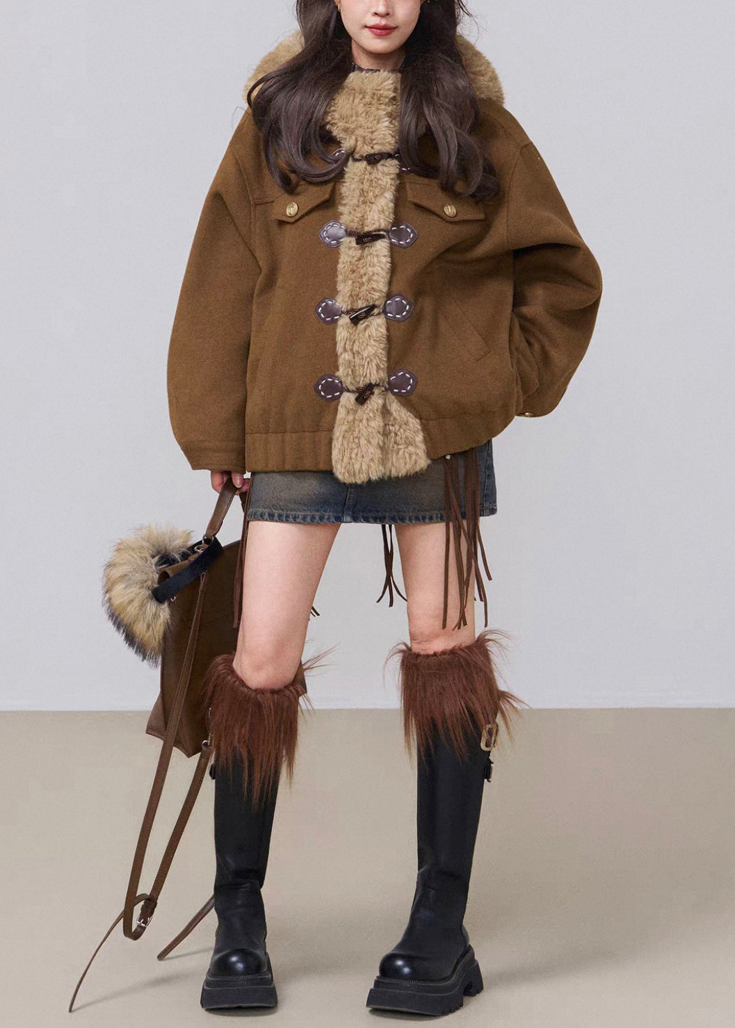 Vintage Coffee Hooded Fluffy Patchwork Cotton Filled Parkas Winter