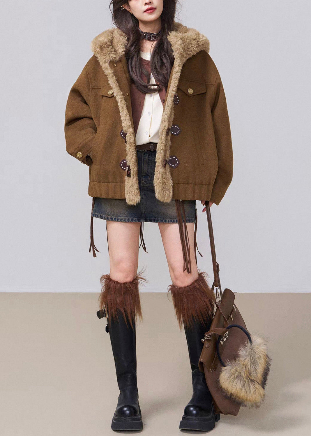 Vintage Coffee Hooded Fluffy Patchwork Cotton Filled Parkas Winter