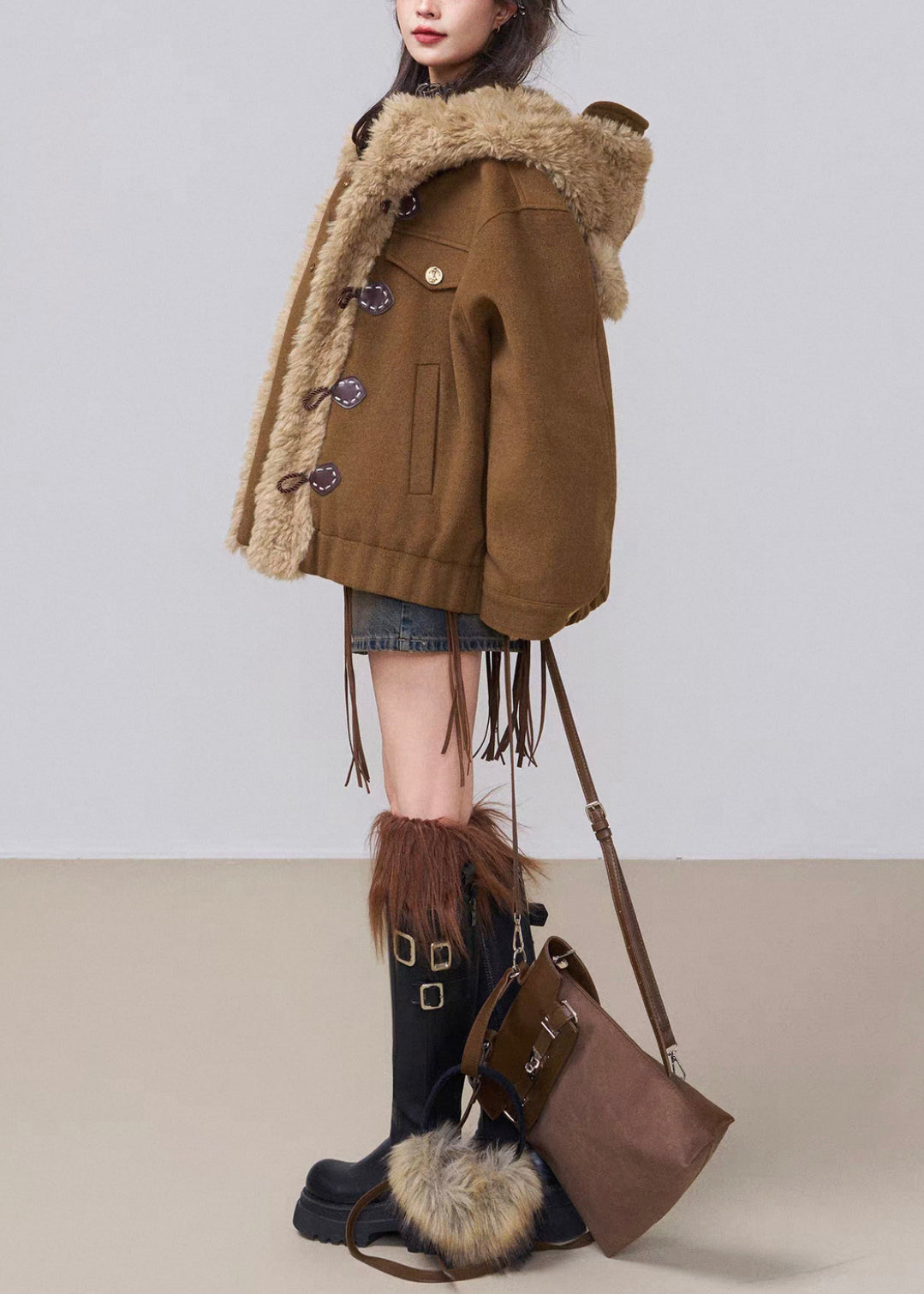 Vintage Coffee Hooded Fluffy Patchwork Cotton Filled Parkas Winter