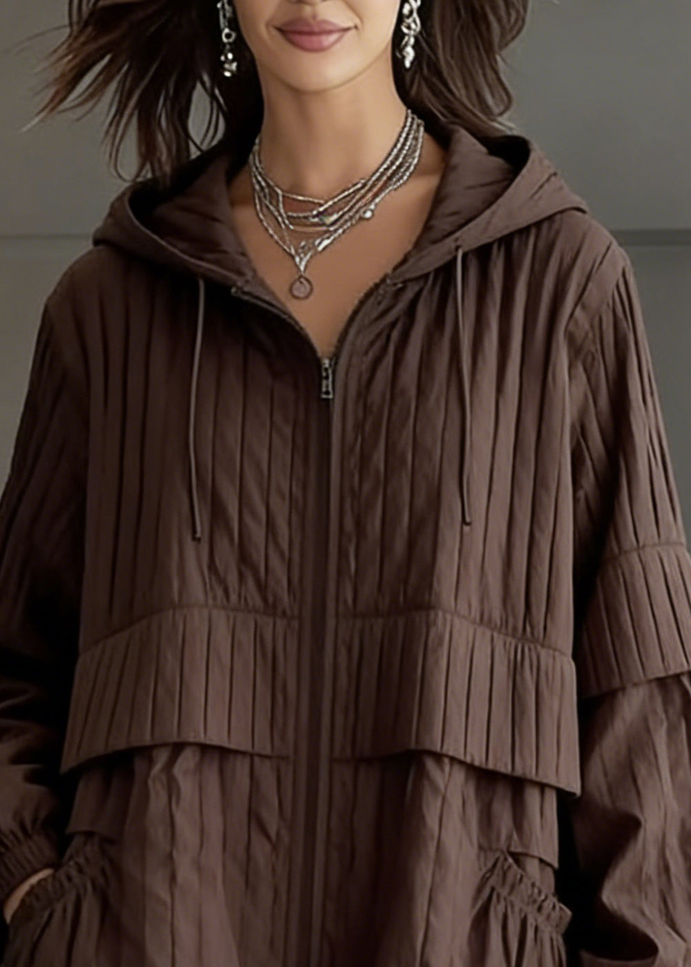 Vintage Coffee Hooded Pockets Drawstring Fine Cotton Filled Coat