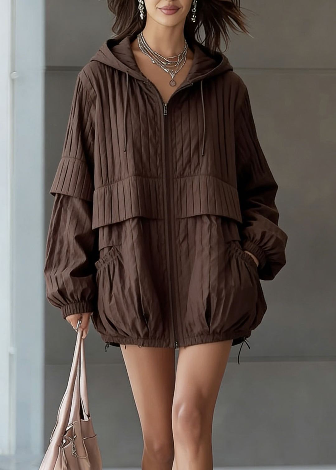 Vintage Coffee Hooded Pockets Drawstring Fine Cotton Filled Coat