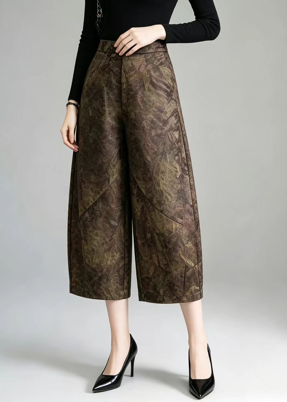 Vintage Coffee Jacquard High Waist Wide Leg Crop Pants Fall