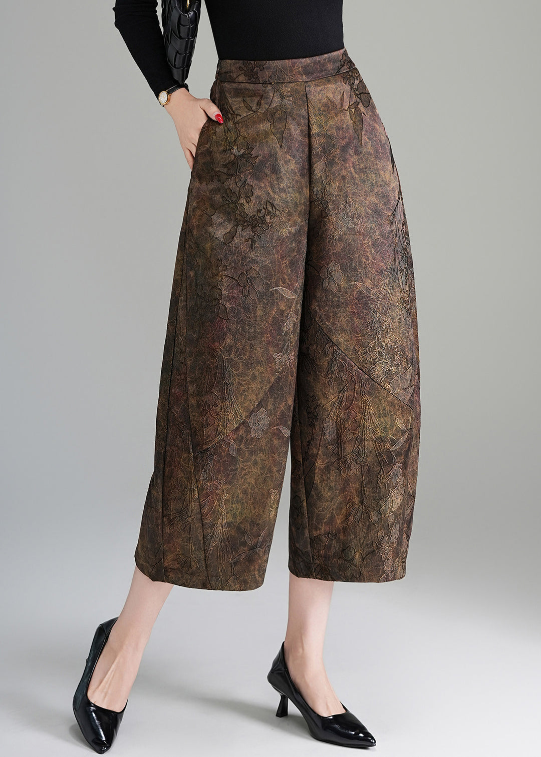 Vintage Coffee Jacquard High Waist Wide Leg Crop Pants Fall