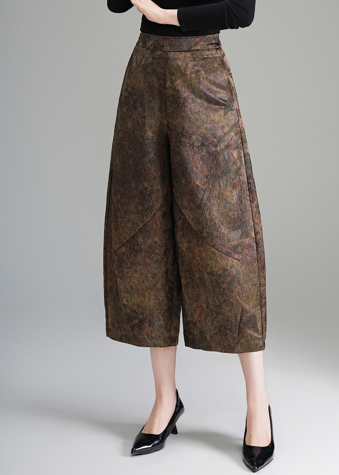 Vintage Coffee Jacquard High Waist Wide Leg Crop Pants Fall