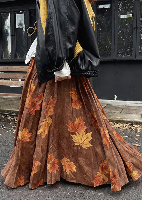 Vintage Coffee Leaves Print High Waist Cotton Skirt Fall