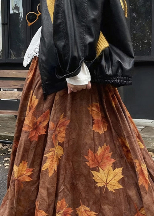 Vintage Coffee Leaves Print High Waist Cotton Skirt Fall