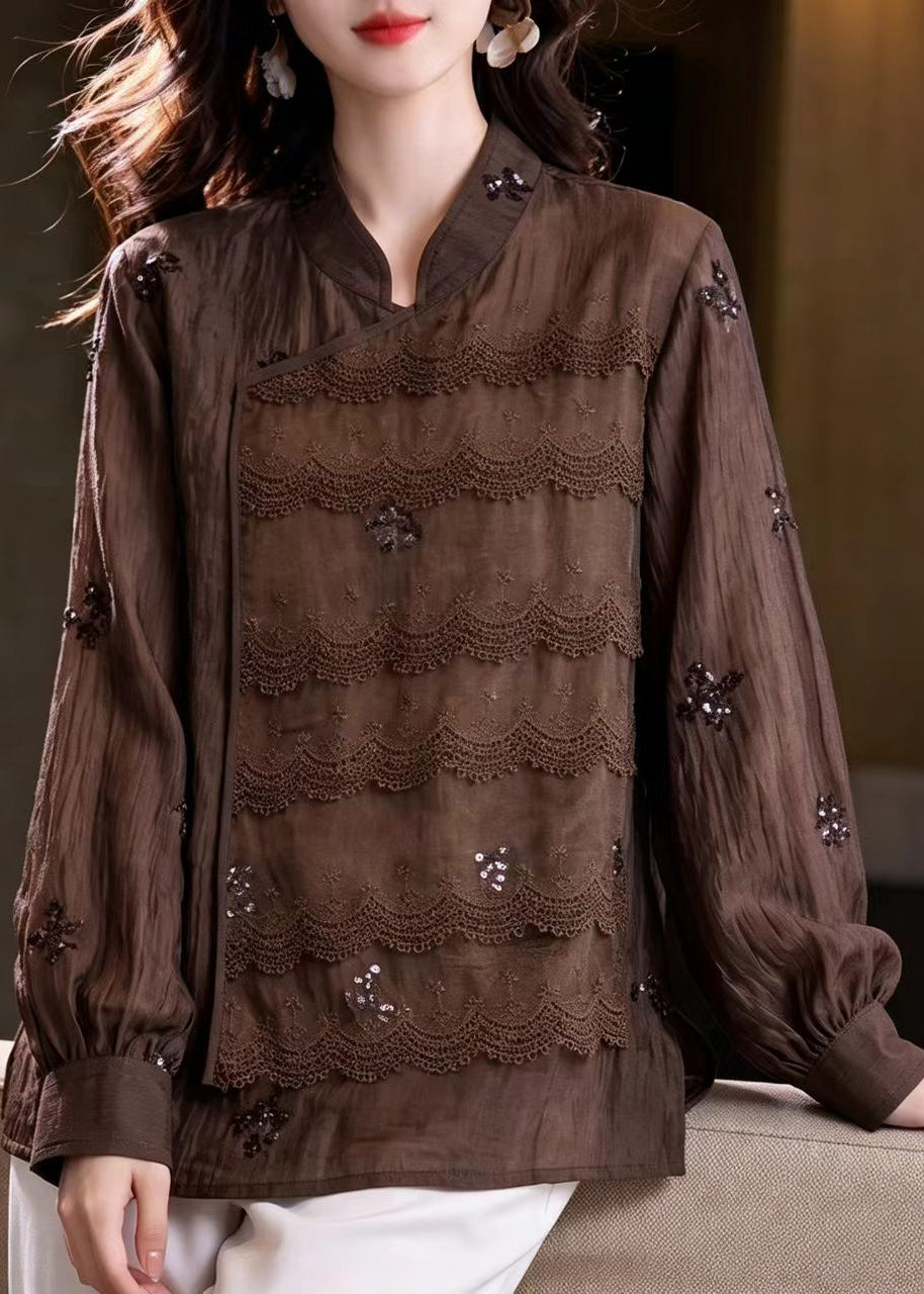 Vintage Coffee Mandarin Collar Sequins Lace Patchwork Shirts Fall