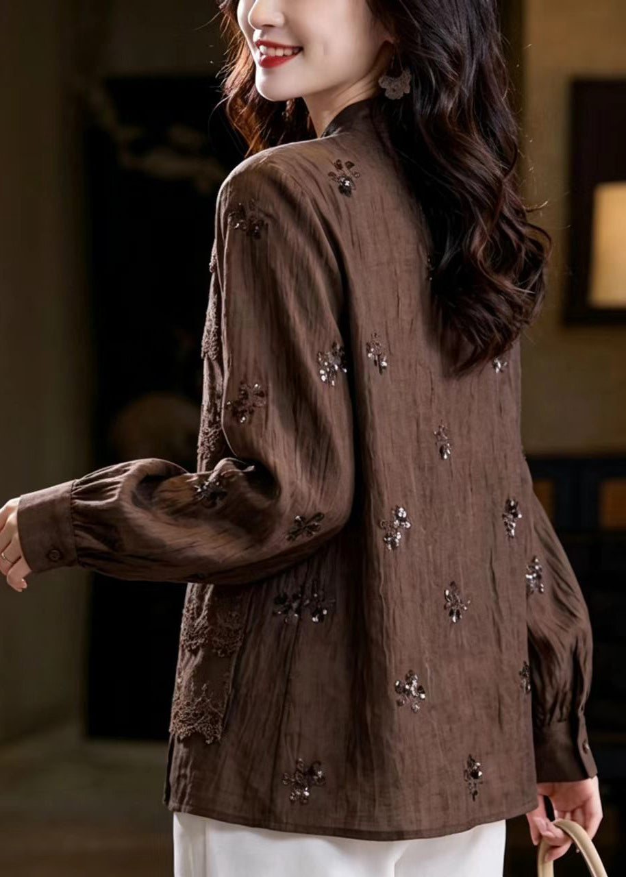 Vintage Coffee Mandarin Collar Sequins Lace Patchwork Shirts Fall