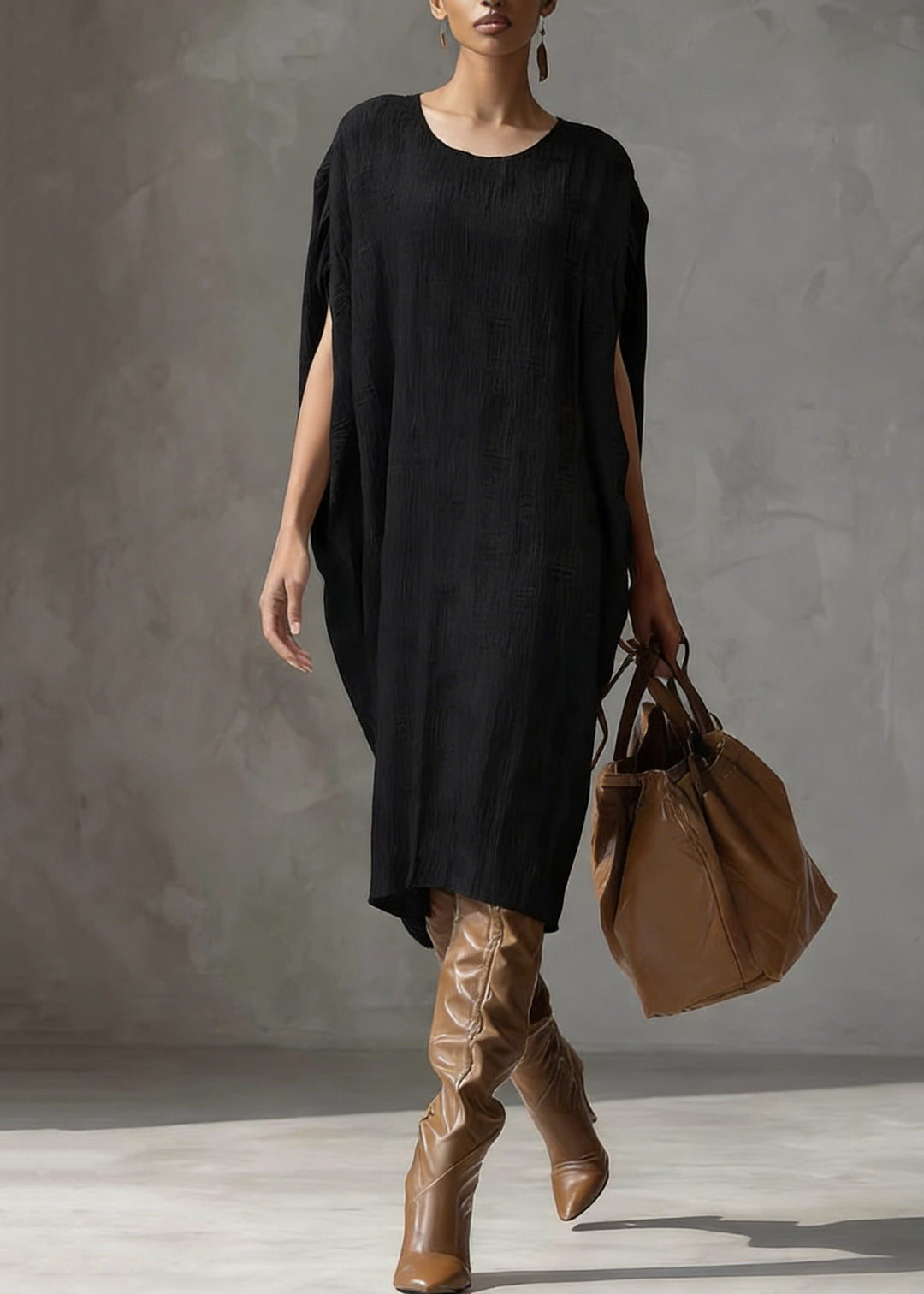 Vintage Coffee O Neck Oversized Silk Cotton Dress Batwing Sleeve