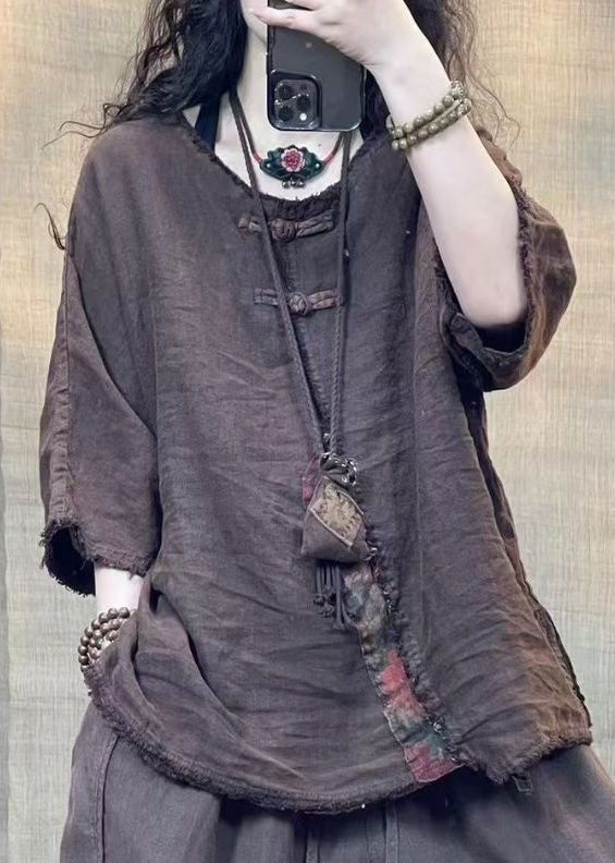 Vintage Coffee O Neck Solid Patchwork Linen Shirts Bracelet Sleeve - Omychic