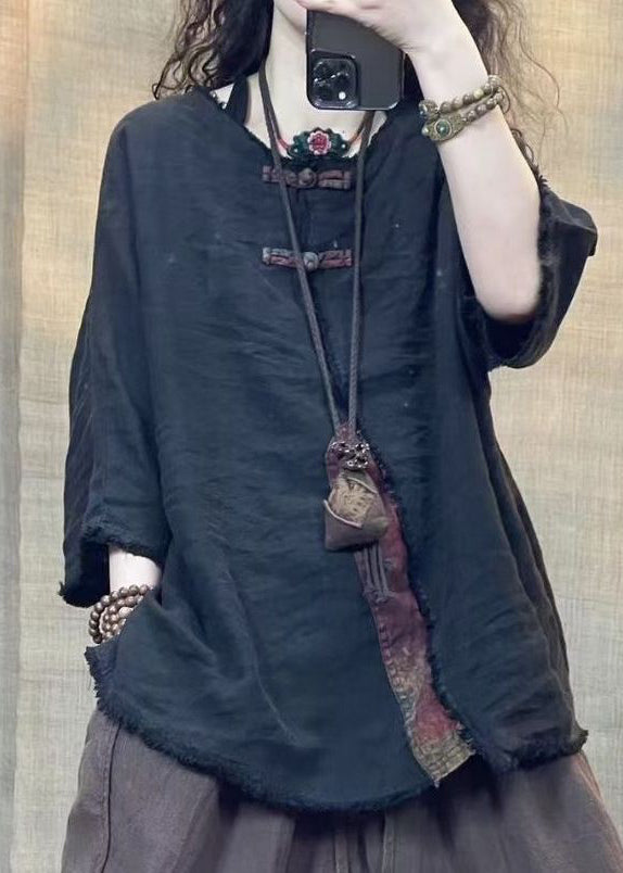 Vintage Coffee O Neck Solid Patchwork Linen Shirts Bracelet Sleeve - Omychic