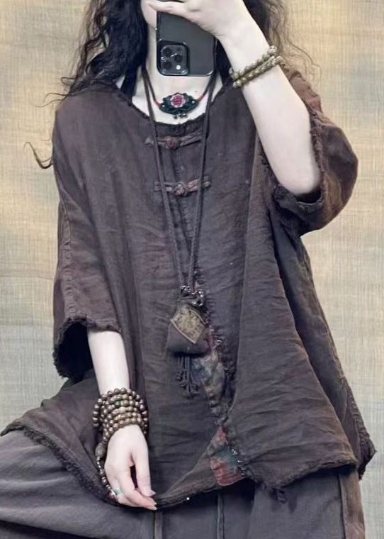 Vintage Coffee O Neck Solid Patchwork Linen Shirts Bracelet Sleeve - Omychic