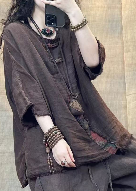 Vintage Coffee O Neck Solid Patchwork Linen Shirts Bracelet Sleeve - Omychic