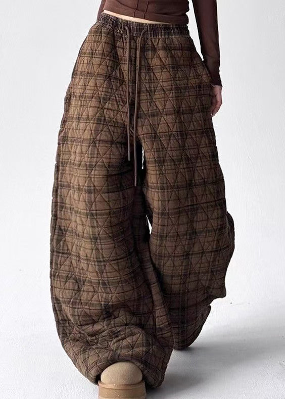 Vintage Coffee Plaid Pockets Elastic Waist Cotton Filled Pants Winter
