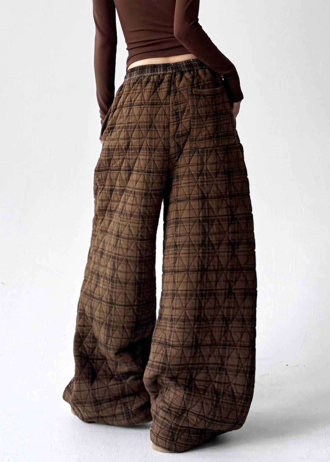 Vintage Coffee Plaid Pockets Elastic Waist Cotton Filled Pants Winter