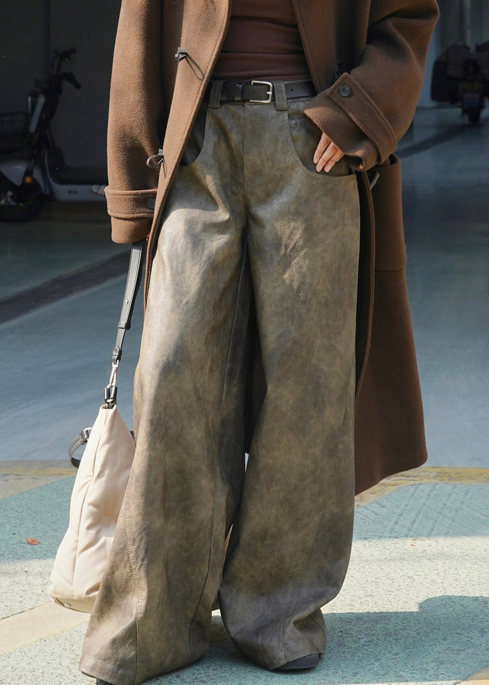 Vintage Coffee Pockets High Waist Faux Leather Wide Leg Pants Spring