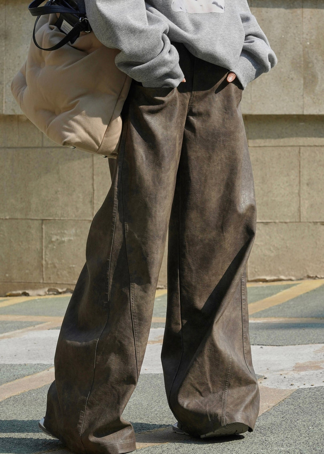 Vintage Coffee Pockets High Waist Faux Leather Wide Leg Pants Spring