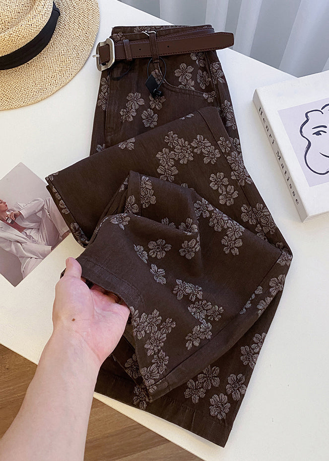 Vintage Coffee Print Pockets High Waist Denim Straight Pants Fall