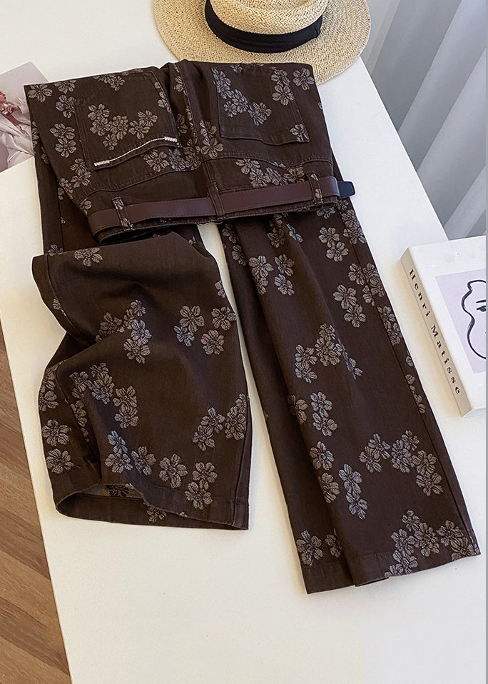 Vintage Coffee Print Pockets High Waist Denim Straight Pants Fall