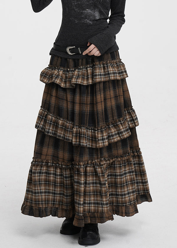 Vintage Coffee Ruffled Plaid Elastic Waist Cotton Skirts Spring