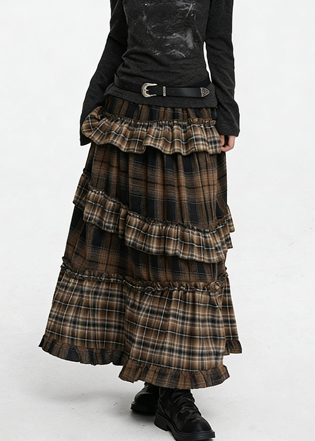 Vintage Coffee Ruffled Plaid Elastic Waist Cotton Skirts Spring