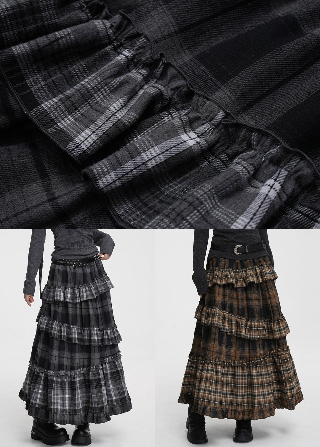 Vintage Coffee Ruffled Plaid Elastic Waist Cotton Skirts Spring