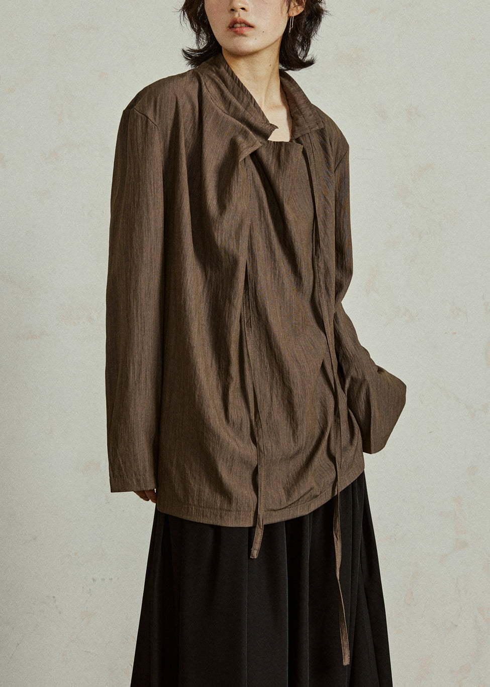 Vintage Coffee Stand Collar Lace Up Cotton Blouse Fall