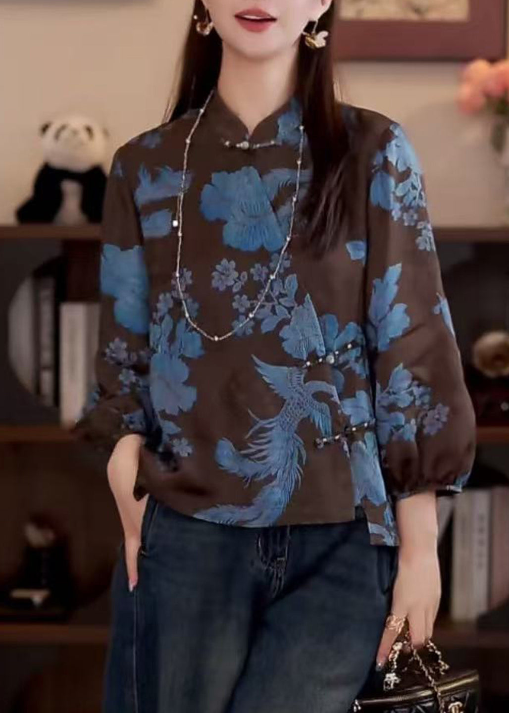 Vintage Coffee Stand Collar Print Button Cotton Shirt Fall