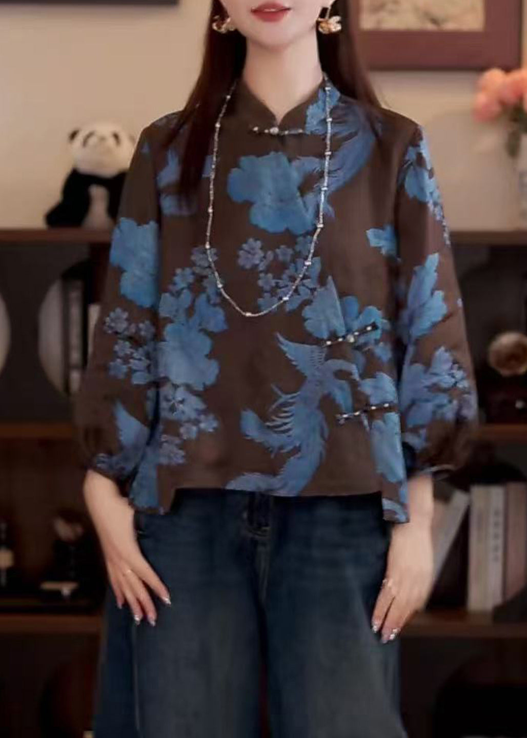 Vintage Coffee Stand Collar Print Button Cotton Shirt Fall