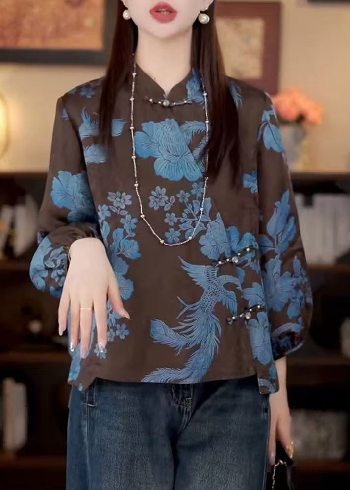 Vintage Coffee Stand Collar Print Button Cotton Shirt Fall