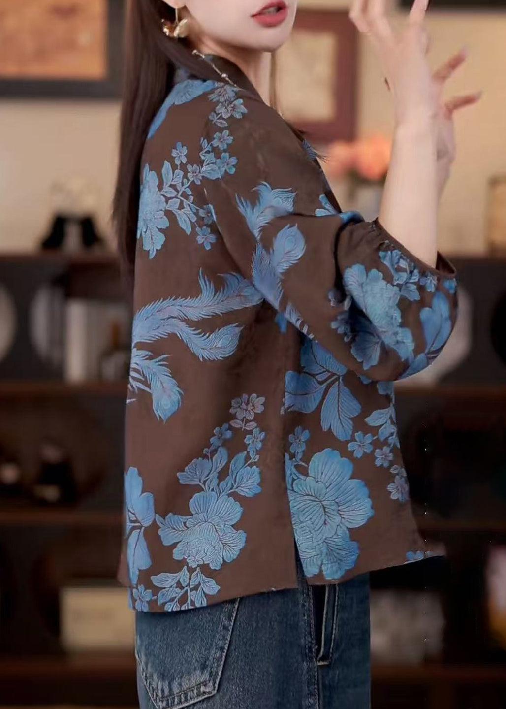 Vintage Coffee Stand Collar Print Button Cotton Shirt Fall