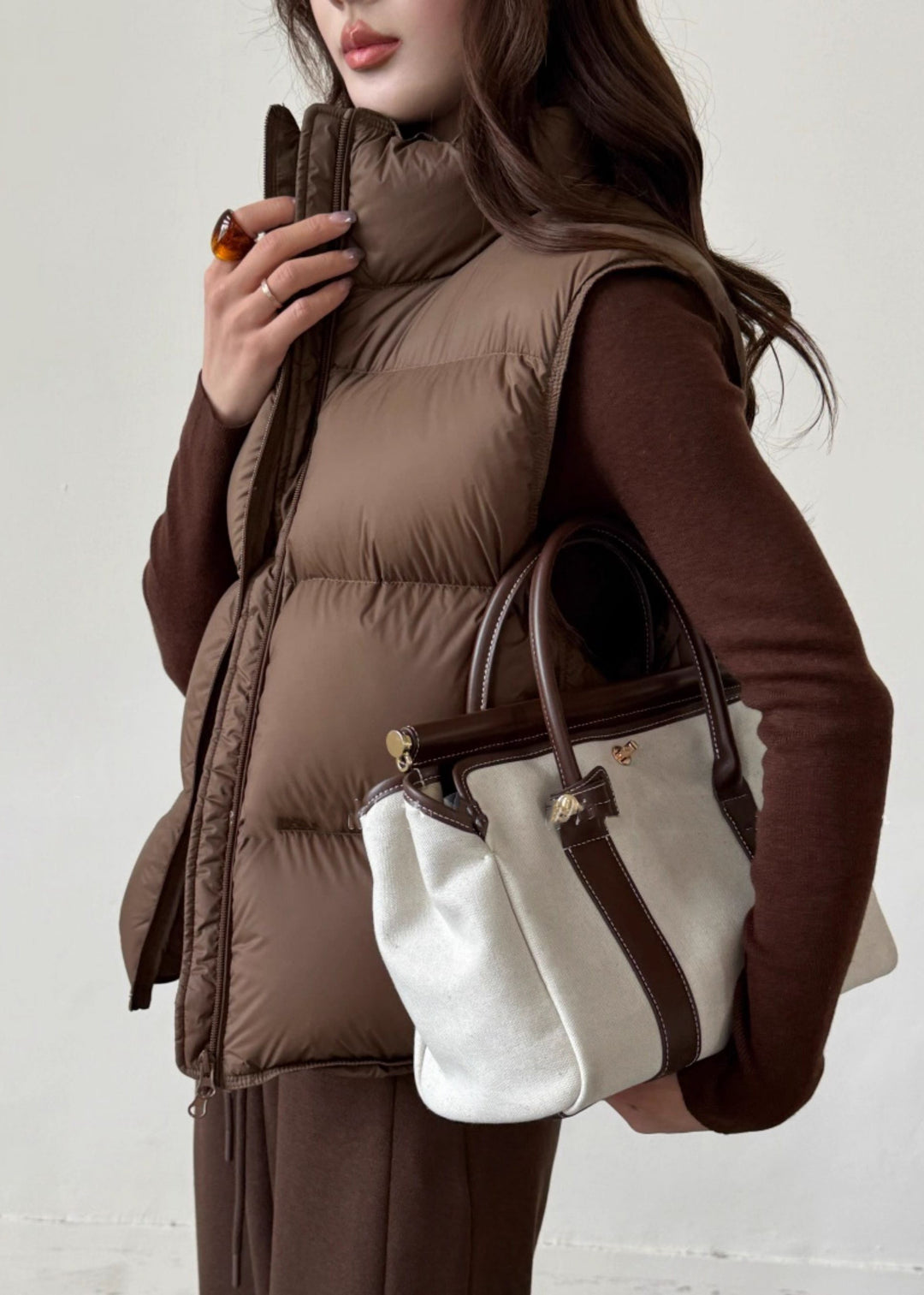 Vintage Coffee Stand Collar Zip Up Duck Down Waistcoat Sleeveless