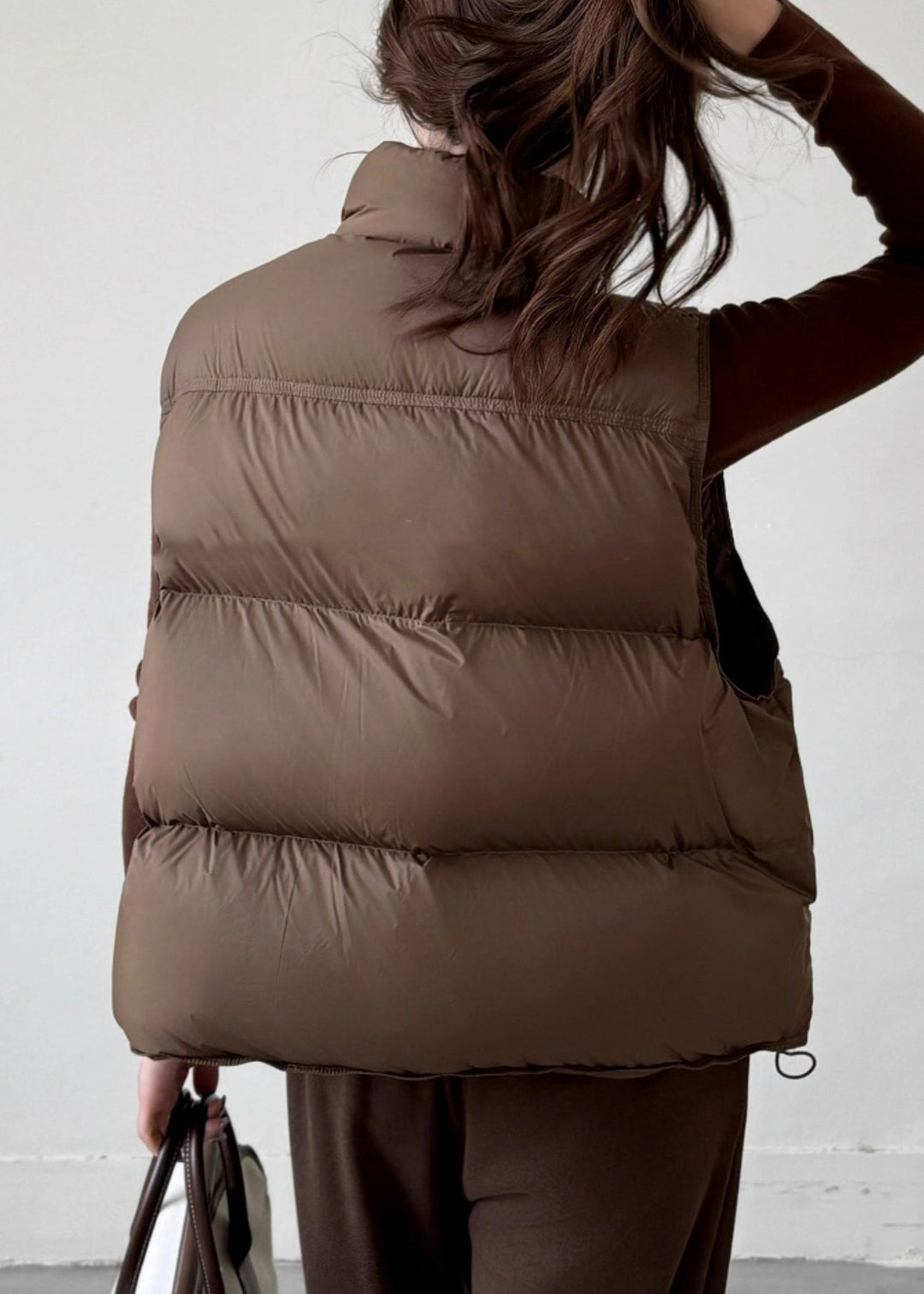 Vintage Coffee Stand Collar Zip Up Duck Down Waistcoat Sleeveless