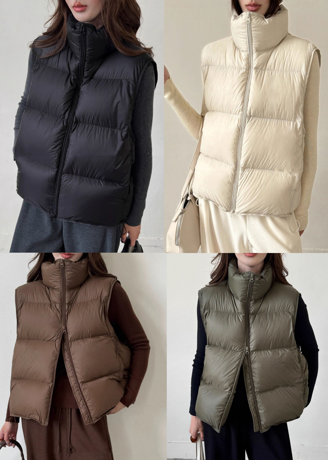 Vintage Coffee Stand Collar Zip Up Duck Down Waistcoat Sleeveless