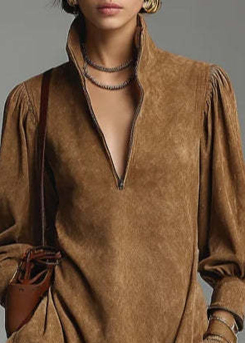 Vintage Coffee Stand Collar Zippered Pockets Faux Suede Mid Dress Spring