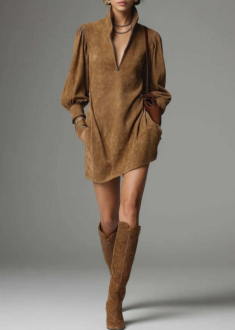 Vintage Coffee Stand Collar Zippered Pockets Faux Suede Mid Dress Spring