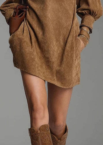 Vintage Coffee Stand Collar Zippered Pockets Faux Suede Mid Dress Spring