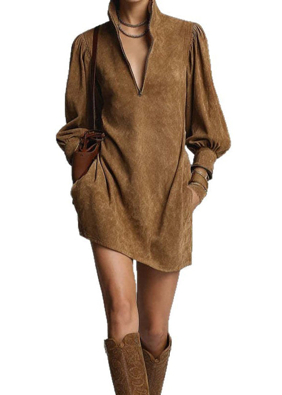 Vintage Coffee Stand Collar Zippered Pockets Faux Suede Mid Dress Spring