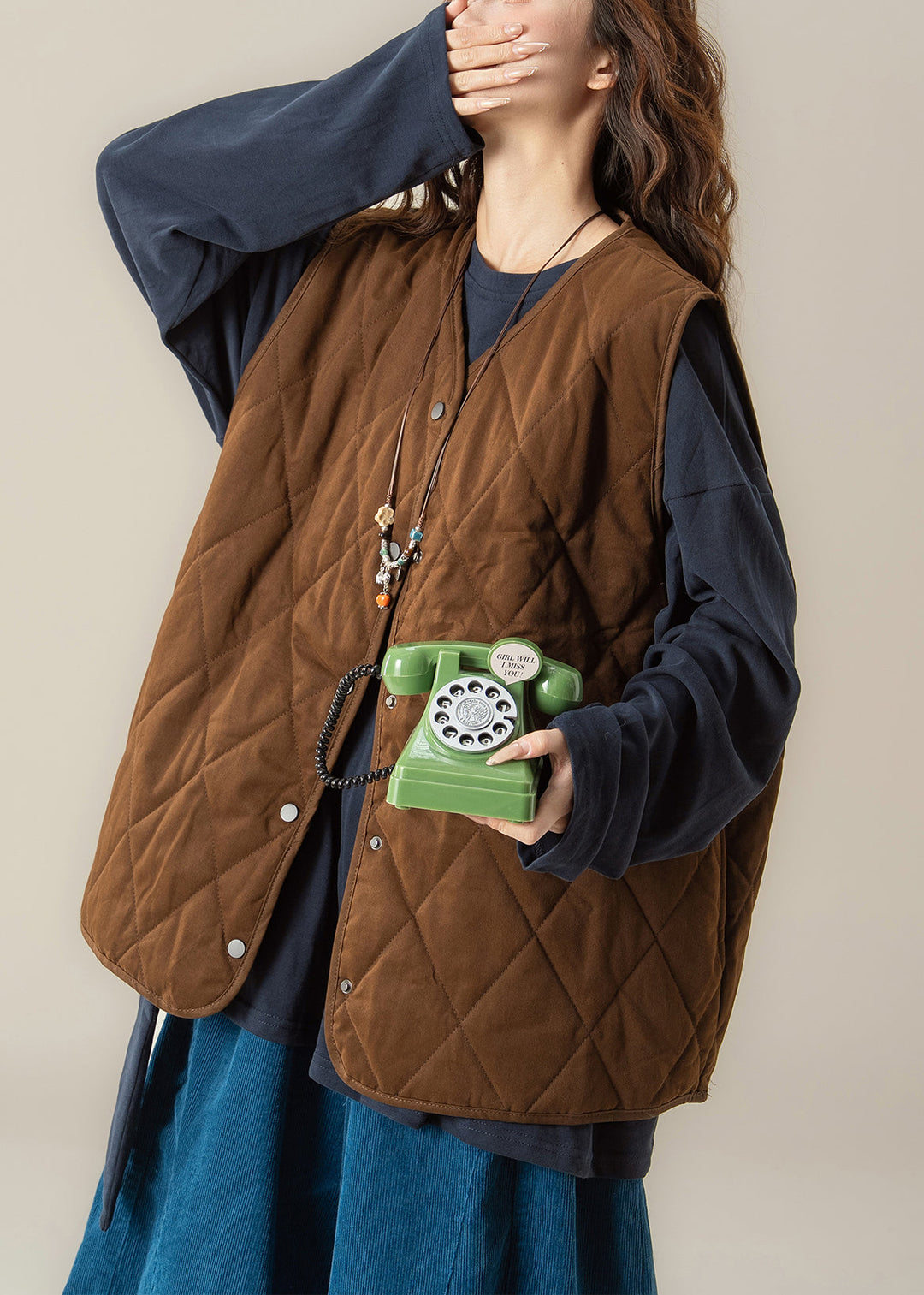 Vintage Coffee V Neck Button Solid Cotton Filled Two Pieces Set Sleeveless