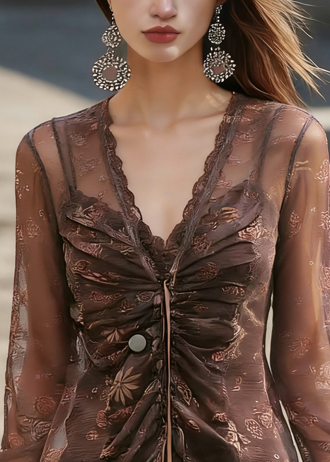 Vintage Coffee V Neck Cinched Tulle Shirt Spring