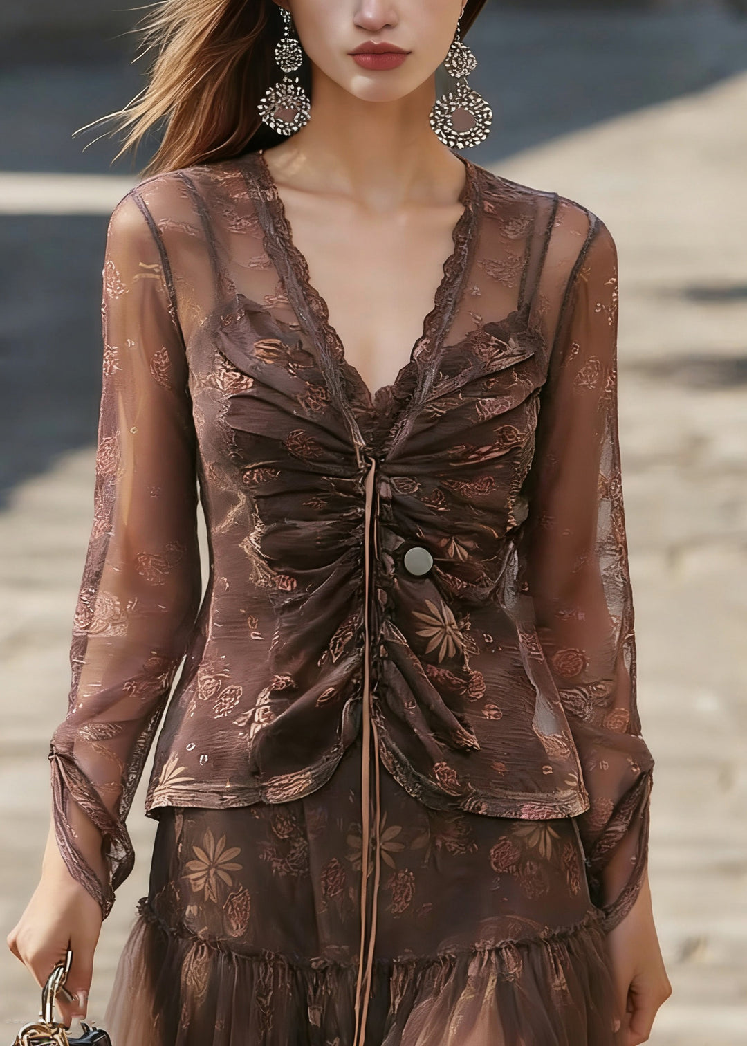 Vintage Coffee V Neck Cinched Tulle Shirt Spring