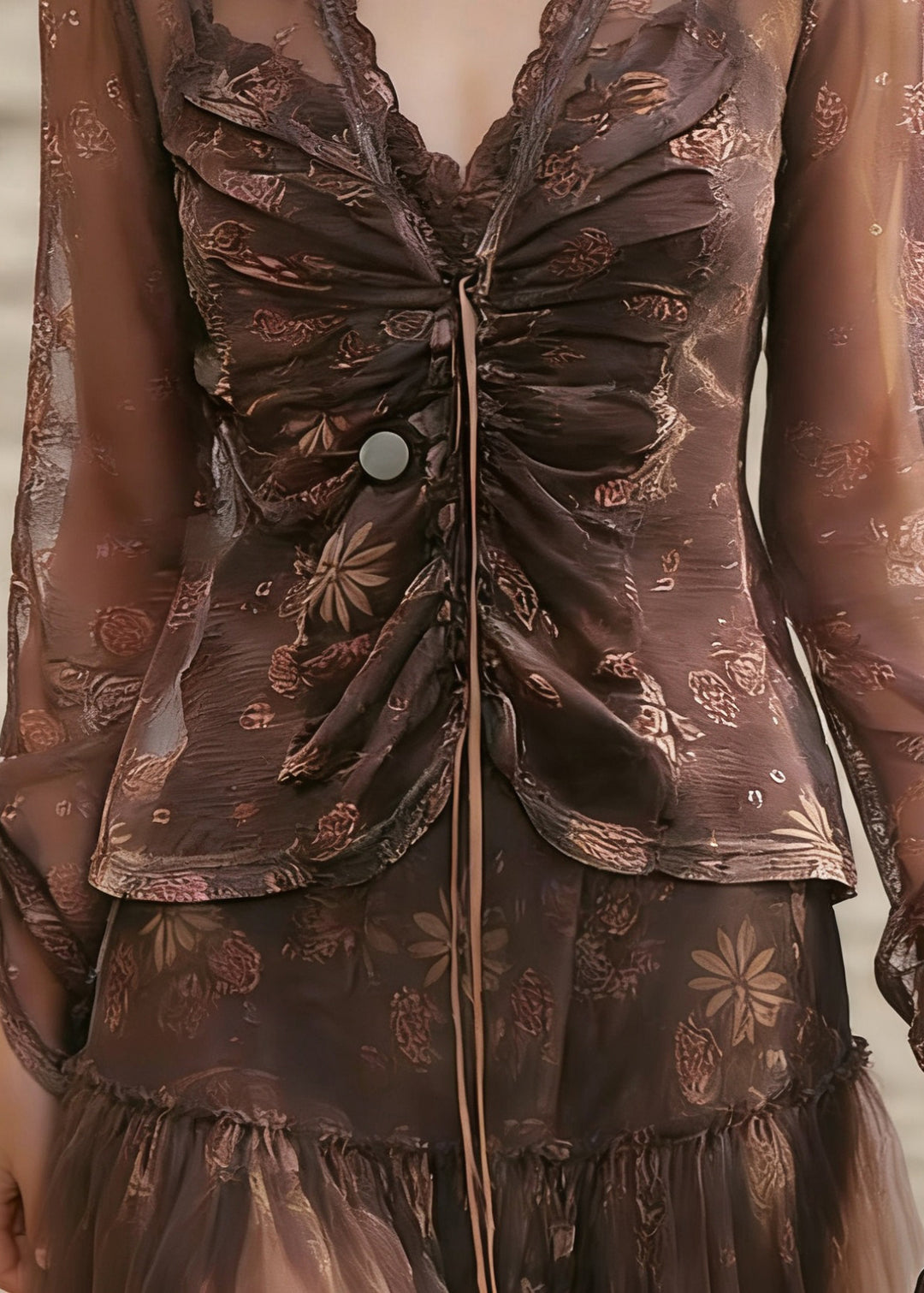 Vintage Coffee V Neck Cinched Tulle Shirt Spring