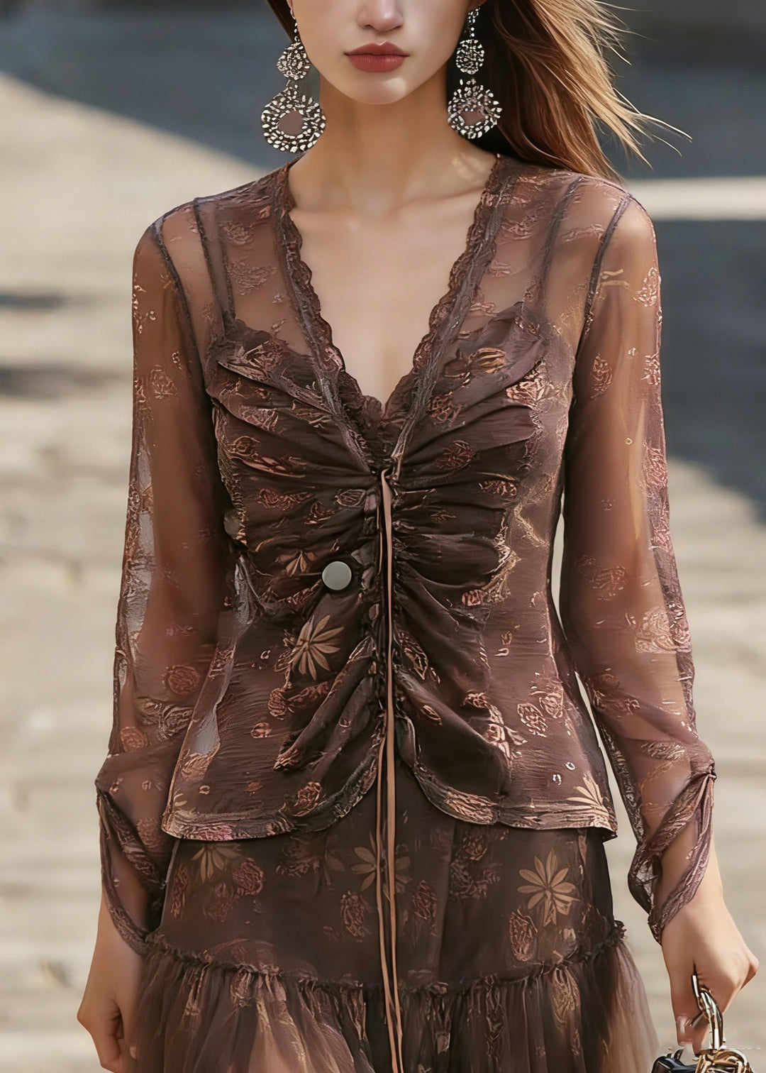 Vintage Coffee V Neck Cinched Tulle Shirt Spring