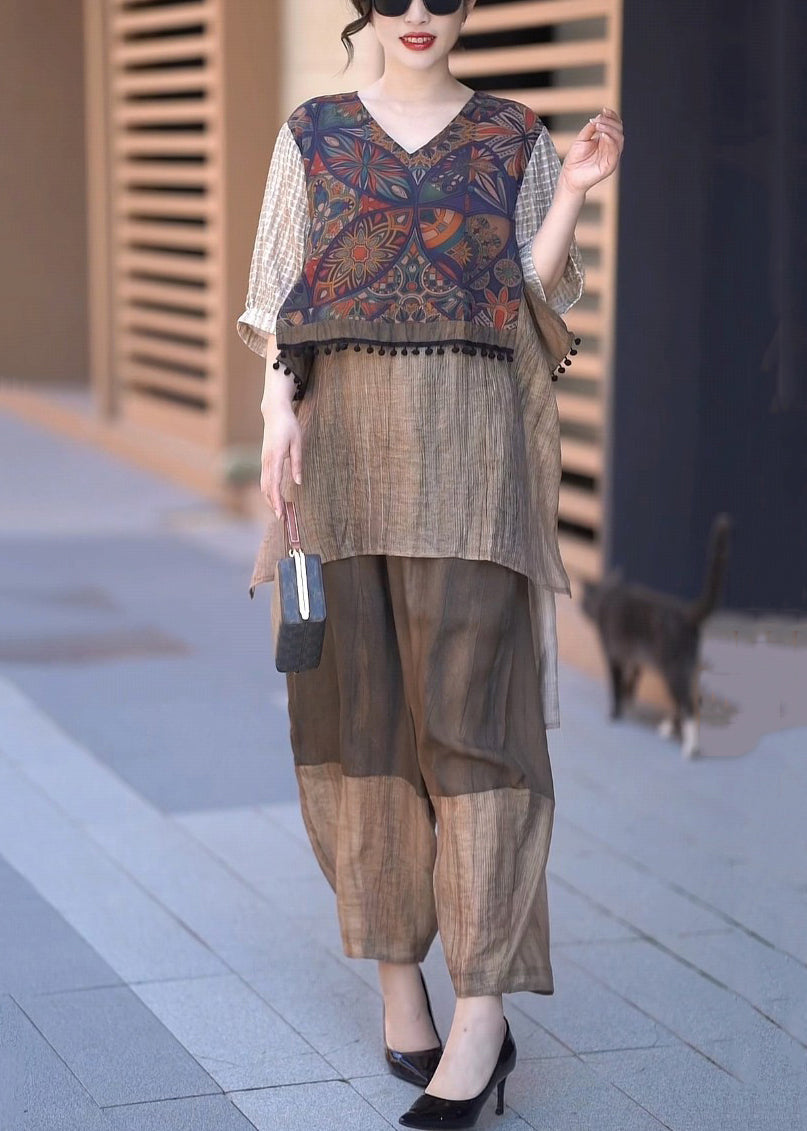 Vintage Coffee V Neck Low High Design Patchwork Silk Two Piece Set Half Sleeve