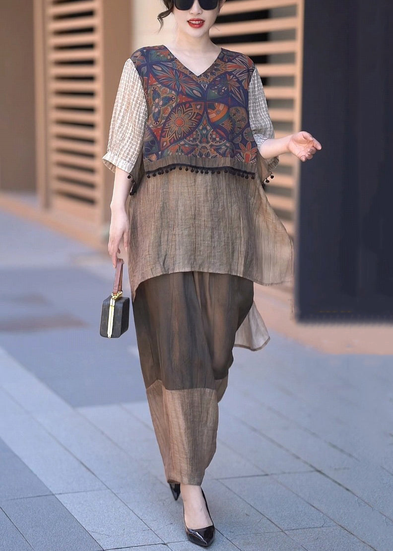 Vintage Coffee V Neck Low High Design Patchwork Silk Two Piece Set Half Sleeve