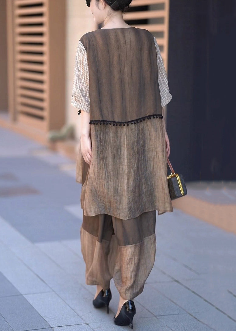 Vintage Coffee V Neck Low High Design Patchwork Silk Two Piece Set Half Sleeve